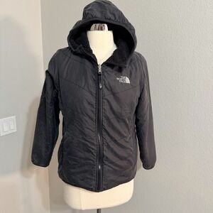 North Face Black Reversible Hooded Jacket Logo Girls Size L (14/16)